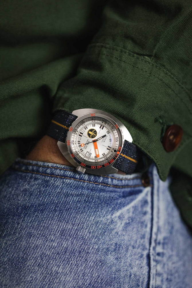 Erika's Originals INDIGO DENIM MN™ Strap with MUSTARD Centerline - BRUSHED Hardware