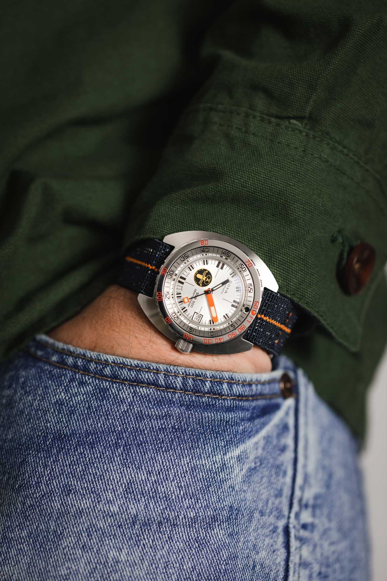 Erika's Originals INDIGO DENIM MN™ Strap with ORANGE Centerline - BRUSHED Hardware