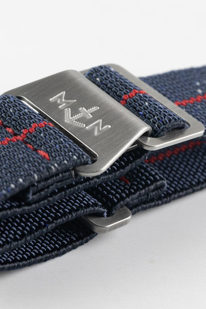 Erika's Originals INDIGO DENIM MN™ Strap with RED Centerline - BRUSHED Hardware