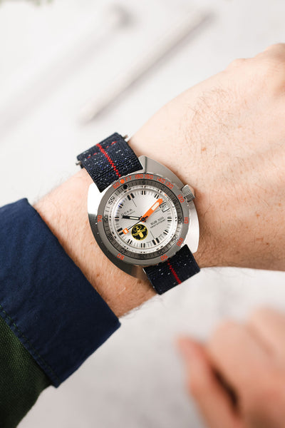 Erika's Originals INDIGO DENIM MN™ Strap with RED Centerline - BRUSHED Hardware