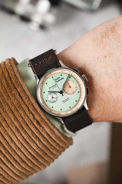 Studio Underd0g Mint Ch0c Chip fitted with Erika's Originals Havana Strap in Full Brown worn on wrist