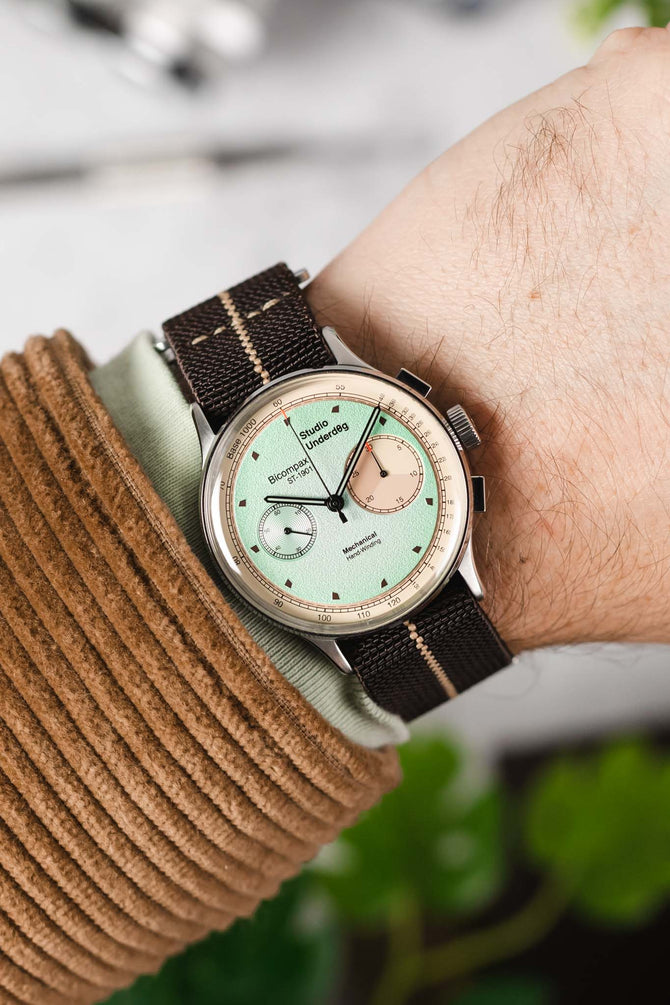 Studio Underd0g Mint Ch0c Chip fitted with Erika's Originals Havana Strap with Mokka Centerline worn on wrist