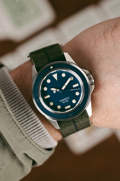 Unimatic U1-MLM Blue fitted with Erika's Originals ORIGINAL watch strap with black centerline on wrist