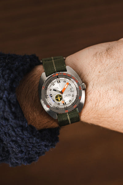 Doxa SUB 300 Searambler Silver Lung Limited Edition fitted with Erika's Originals ORIGINAL watch strap in two-tone green