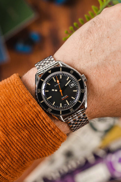 Doxa Sub 200 130 Anniversary celebration model fitted with Forstner Beads of Rice stainless steel mesh watch bracelet