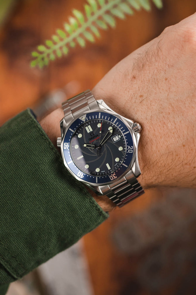Omega Seamaster James Bond 007 Blue Dial fitted with Forstner Flat Link Bracelet in fully brushed worn on wrist