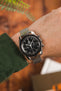 Omega Speedmaster Moonwatch Black Dial fitted with Forstner Komfit 'JB' Mesh Watch Bracelet worn on wrist