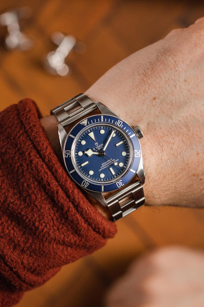 Tudor Black Bay 58 Blue Dial fitted with Forstner Ladder Hollow Oyster-Style Watch Bracelet worn on wrist