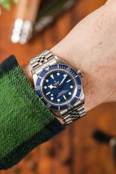 Tudor lack Bay 58 Blue Dial fitted with Forstner Model J mesh watch bracelet worn on wrist