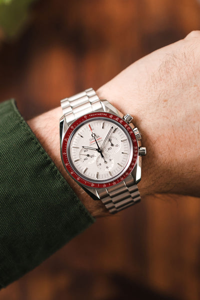 Omega Speedmaster Tokyo "Rising Sun" fitted with Forstner President 1450 watch bracelet worn on wrist