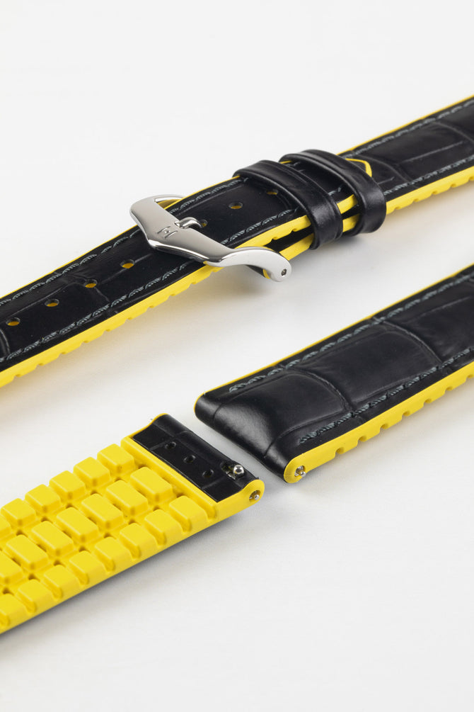 Hirsch ANDY Alligator Embossed Performance Black and Yellow Watch Strap
