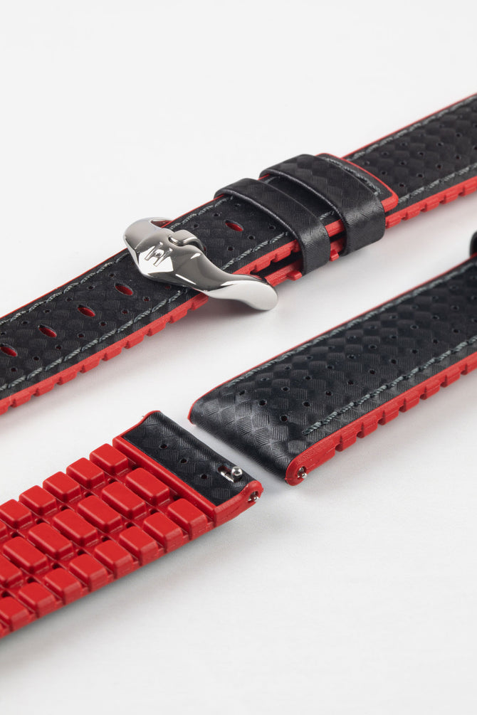 Hirsch AYRTON Carbon Embossed Performance Watch Strap in BLACK/RED