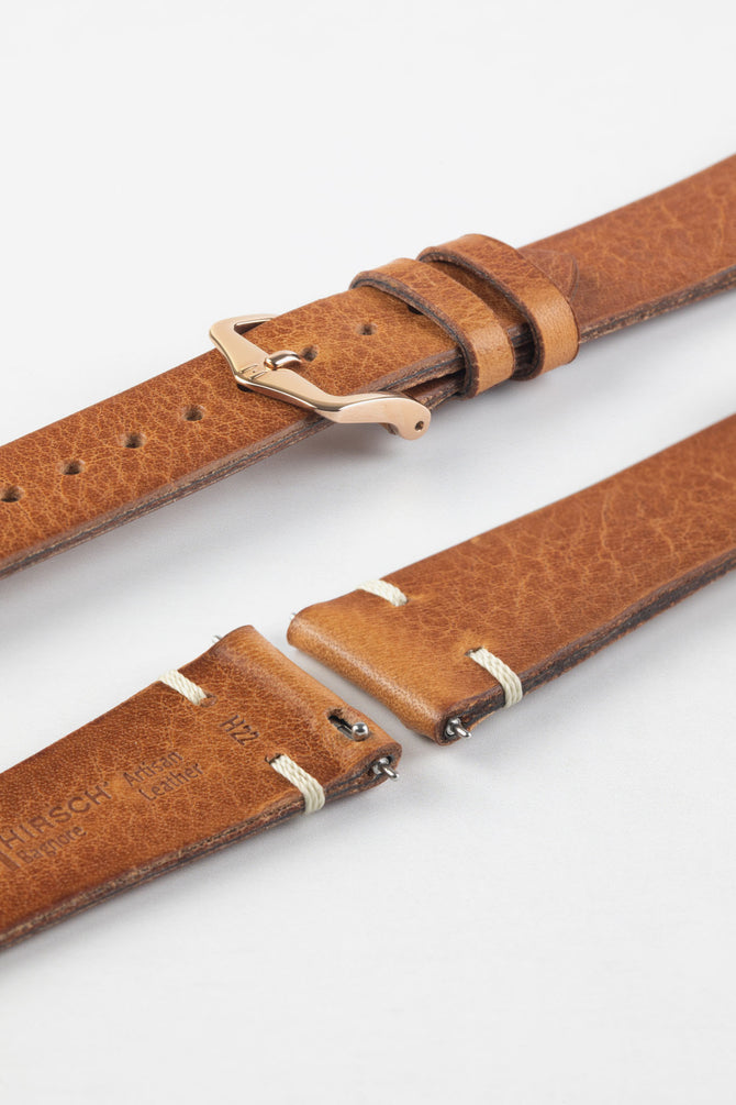Rose gold coated pin buckle option for gold brown Hirsch Bagnore vintage leather two-stitch watch strap.