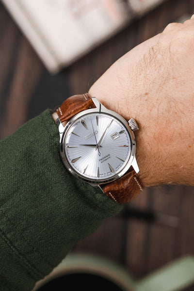 Seiko Presage Cocktail fitted with Hirsch Boston Gold Brown Leather watch strap worn on wrist