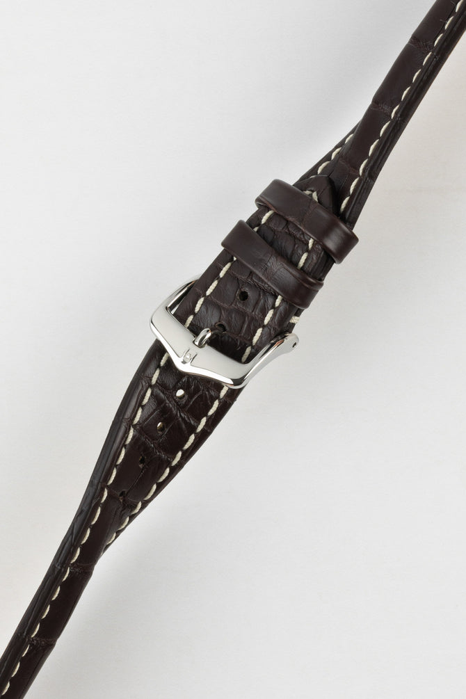 Hirsch CAPITANO Padded Alligator Leather Water-Resistant Watch Strap in BROWN