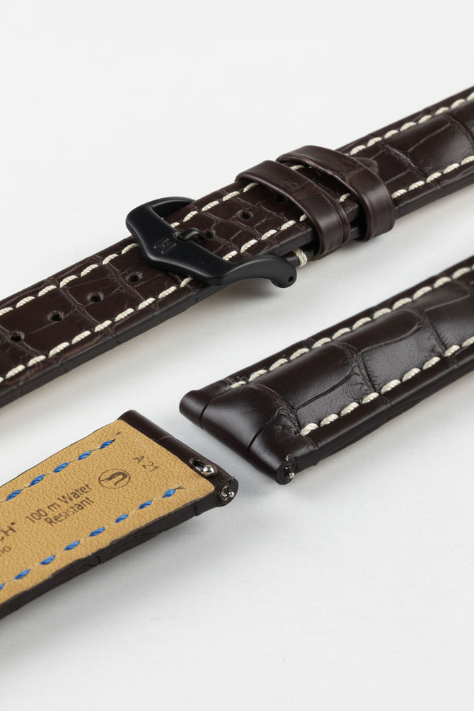 Hirsch CAPITANO Padded Alligator Leather Water-Resistant Watch Strap in BROWN