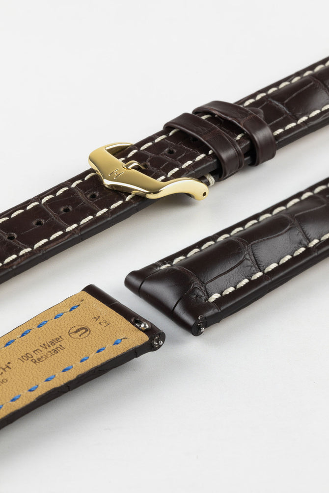 Hirsch CAPITANO Padded Alligator Leather Water-Resistant Watch Strap in BROWN