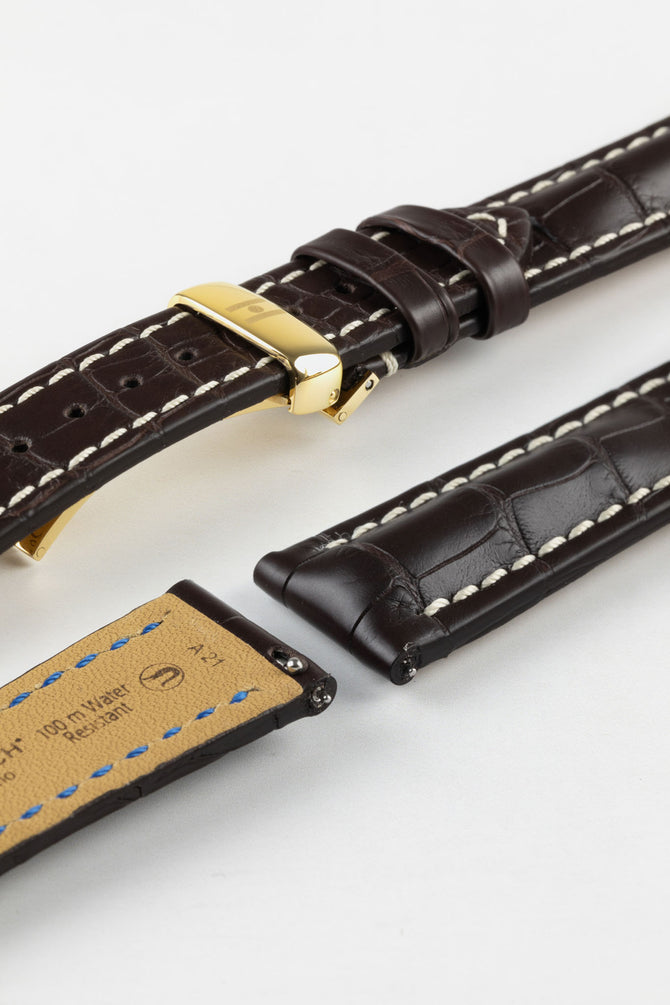 Hirsch CAPITANO Padded Alligator Leather Water-Resistant Watch Strap in BROWN