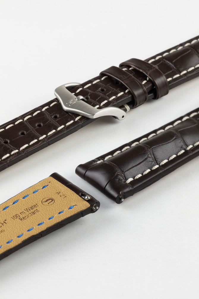 Hirsch CAPITANO Padded Alligator Leather Water-Resistant Watch Strap in BROWN