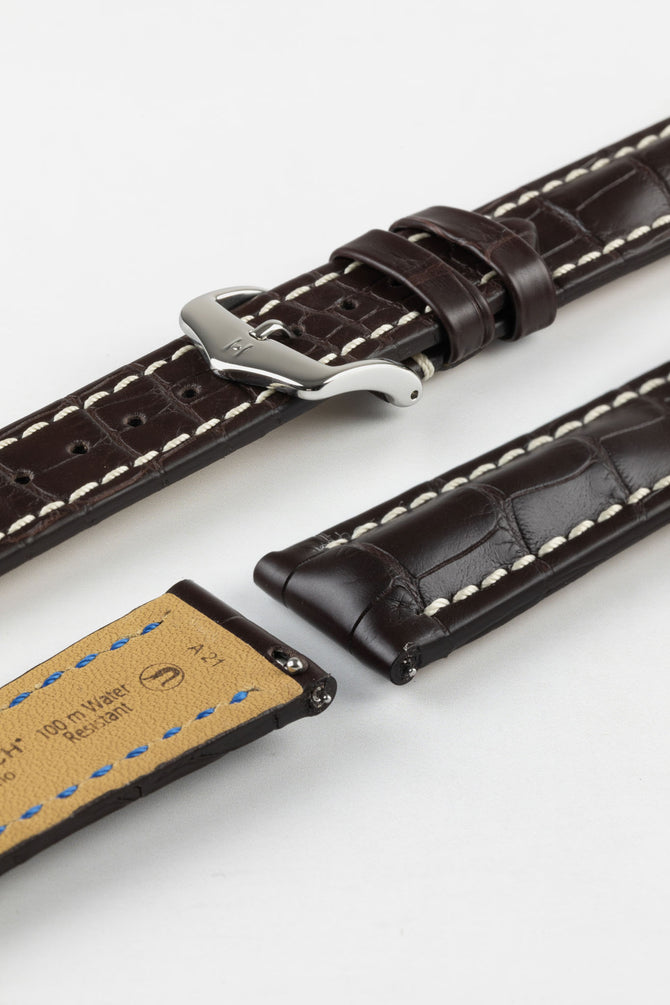 Hirsch CAPITANO Padded Alligator Leather Water-Resistant Watch Strap in BROWN