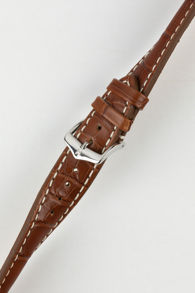 Hirsch CAPITANO Padded Alligator Water-Resistant Leather Watch Strap in GOLD BROWN