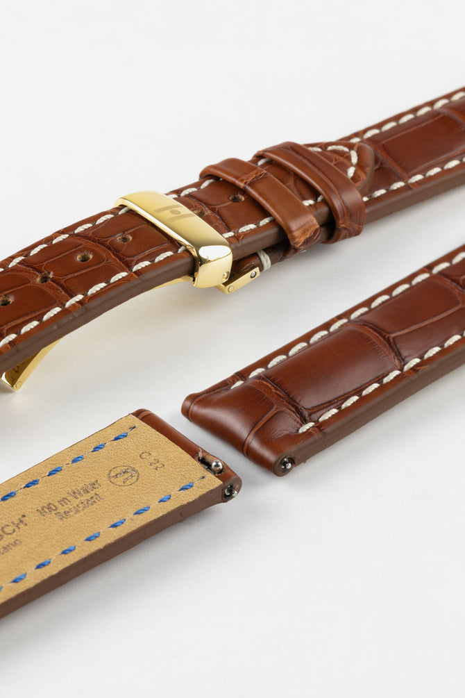 Hirsch CAPITANO Padded Alligator Water-Resistant Leather Watch Strap in GOLD BROWN