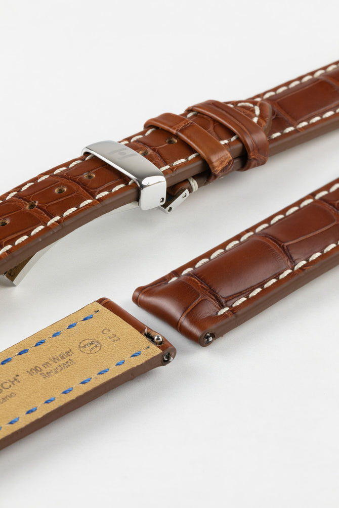 Hirsch CAPITANO Padded Alligator Water-Resistant Leather Watch Strap in GOLD BROWN