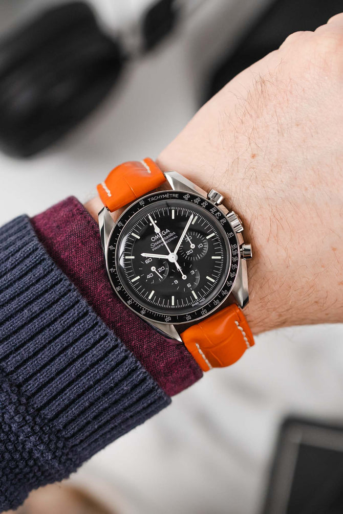 Hirsch CAPITANO Padded Alligator Leather Water-Resistant Watch Strap in ORANGE