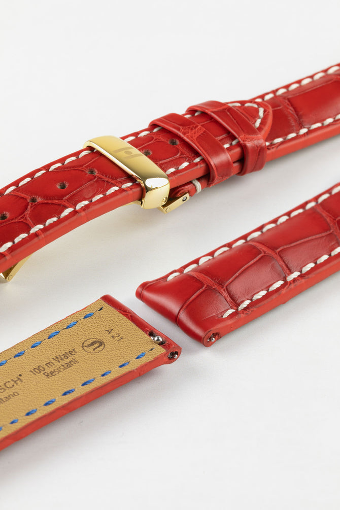 Hirsch CAPITANO Padded Alligator Leather Water-Resistant Watch Strap in RED