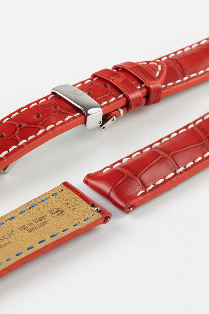 Hirsch CAPITANO Padded Alligator Leather Water-Resistant Watch Strap in RED