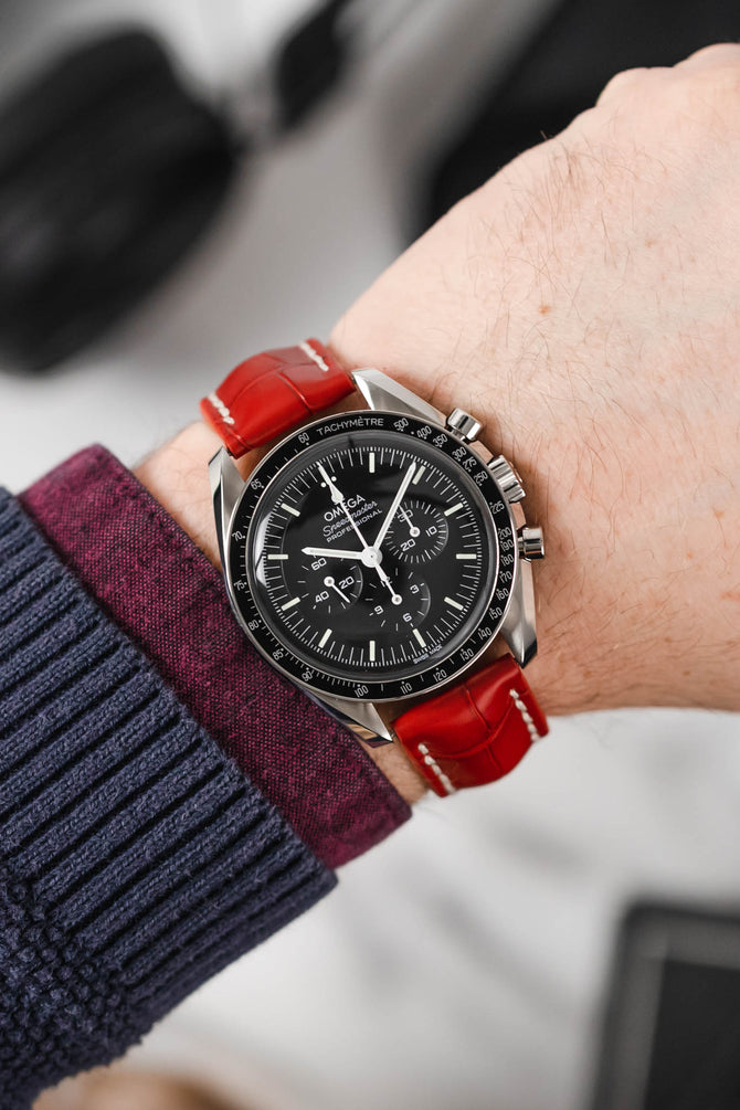 Hirsch CAPITANO Padded Alligator Leather Water-Resistant Watch Strap in RED