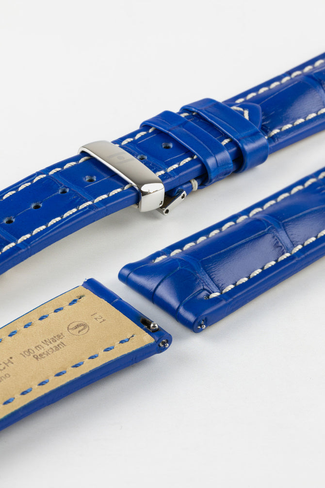 Hirsch CAPITANO Padded Alligator Leather Water-Resistant Watch Strap in ROYAL BLUE