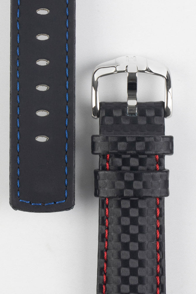 Hirsch CARBON Embossed Water-Resistant Leather Watch Strap in BLACK/RED