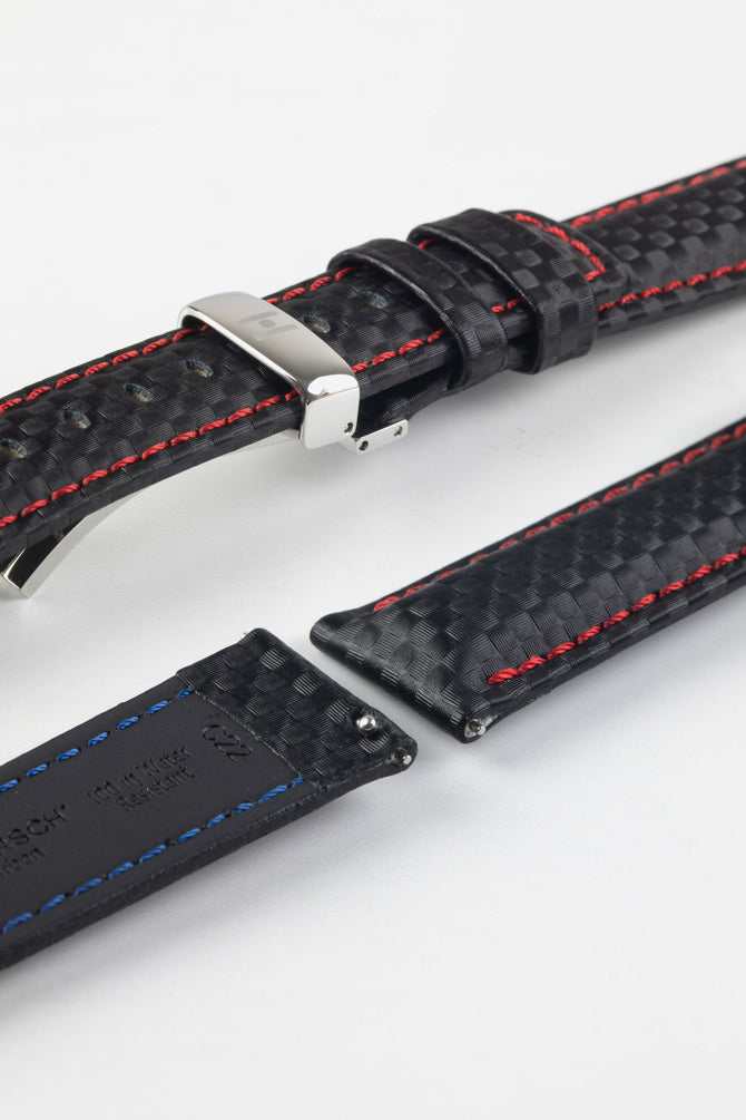 Hirsch CARBON Embossed Water-Resistant Leather Watch Strap in BLACK/RED
