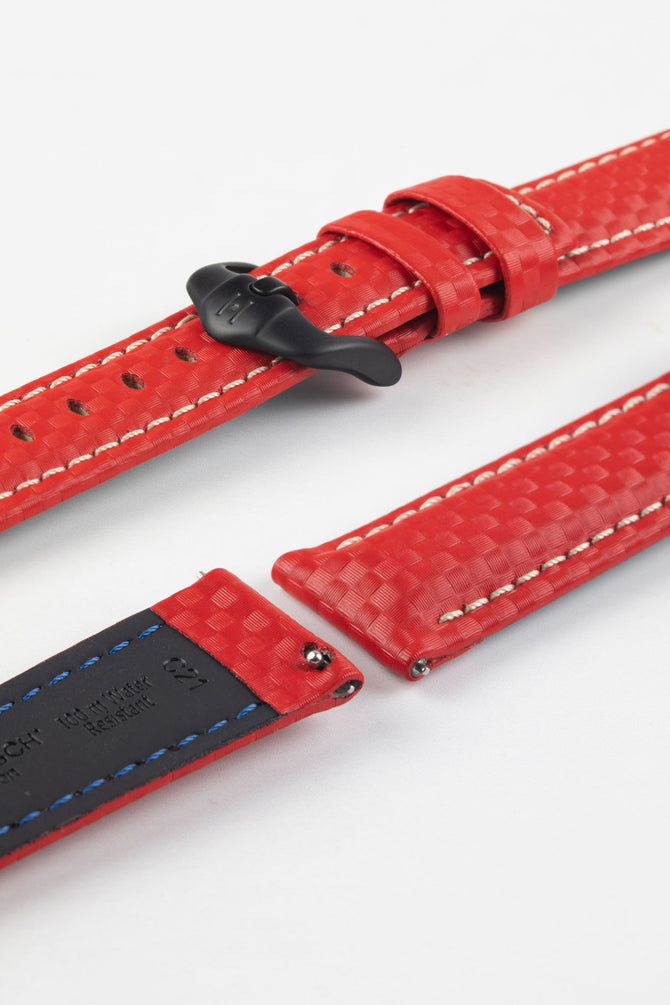 Hirsch CARBON Red Embossed Water-Resistant Leather Watch Strap