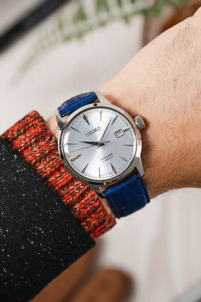 Seiko Presage Cocktail fitted with Hirsch Crocograin blue leather watch strap worn on wrist