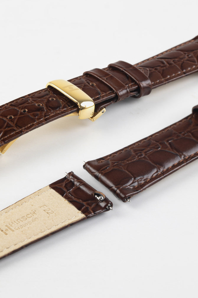 Hirsch CROCOGRAIN Crocodile Embossed Leather Watch Strap in BROWN