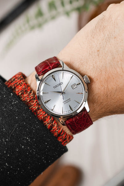 Seiko Presage Cocktail fitted with Hirsch Crocograin burgundy leather watch strap worn on wrist
