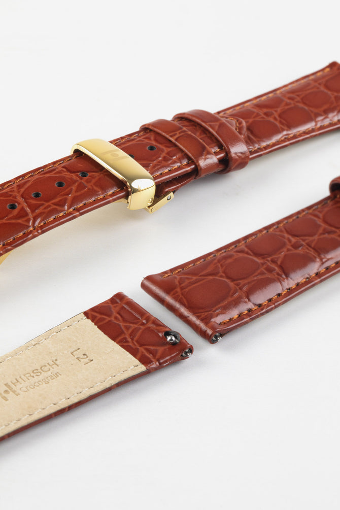 Hirsch CROCOGRAIN Crocodile Embossed Leather Watch Strap in GOLD BROWN