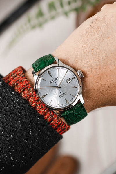 Seiko Presage Cocktail fitted with Hirsch Crocograin green leather watch strap worn on wrist