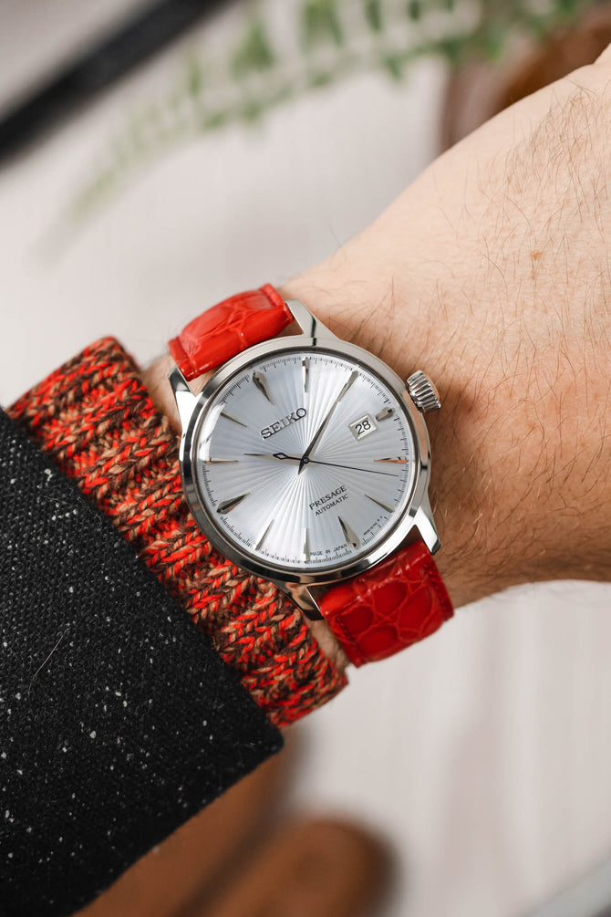 Seiko Presage Cocktail fitted with Hirsch Crocograin red leather watch strap worn on wrist