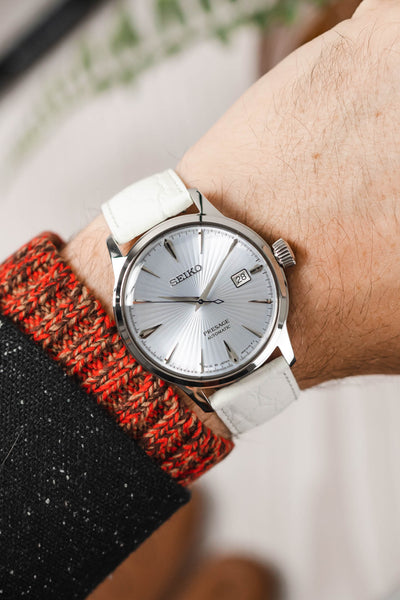 Seiko Presage Cocktail fitted with Hirsch Crocograin white leather watch strap worn on wrist
