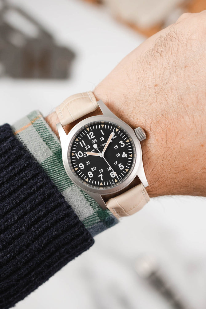 Hamilton Khaki Field Watch fitted with Hirsch Duke beige leather watch strap worn on wrist