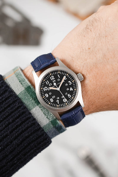 Hamilton Khaki Field Watch fitted with Hirsch Duke blue leather strap worn on wrist