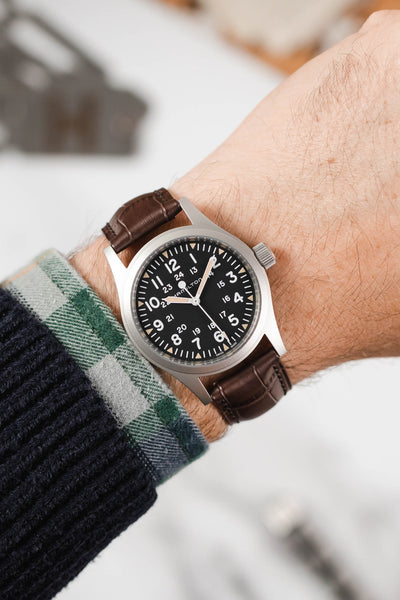 Hamilton Khaki Field Watch fitted with Hirsch Duke NQR Brown Leather Strap worn on wrist