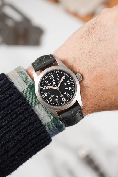 Hamilton Khaki Field Watch fitted with Hirsch Duke grey leather watch strap worn on wrist