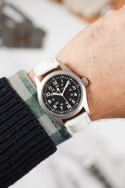 Hamilton Khaki Field Watch fitted with Hirsch Duke white leather watch strap worn on wrist