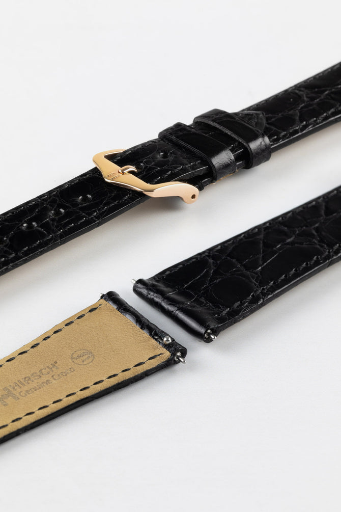 Hirsch GENUINE CROCO Shiny Crocodile Leather Watch Strap in BLACK