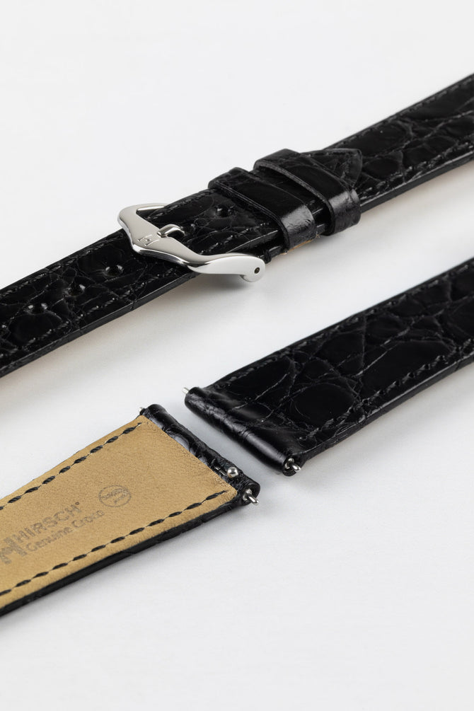 Hirsch GENUINE CROCO Shiny Crocodile Leather Watch Strap in BLACK