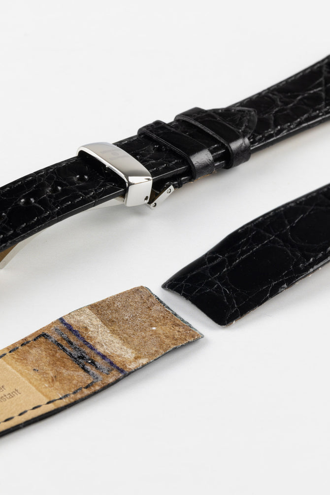 Hirsch Open Ended GENUINE CROCO Crocodile Leather Watch Strap in BLACK